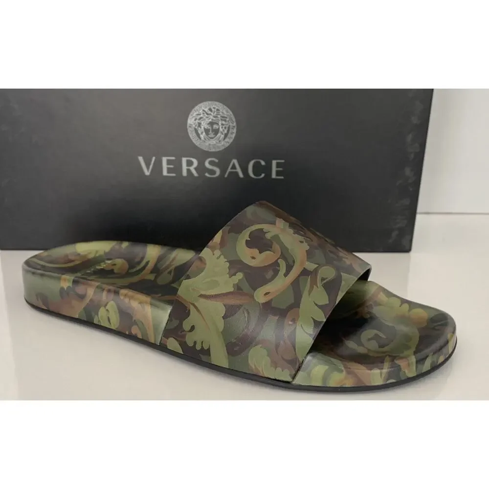 NIB $395 Versace Baroccoflage Slides Sandals Khaki 9 US (42 Euro) IT DSU6516